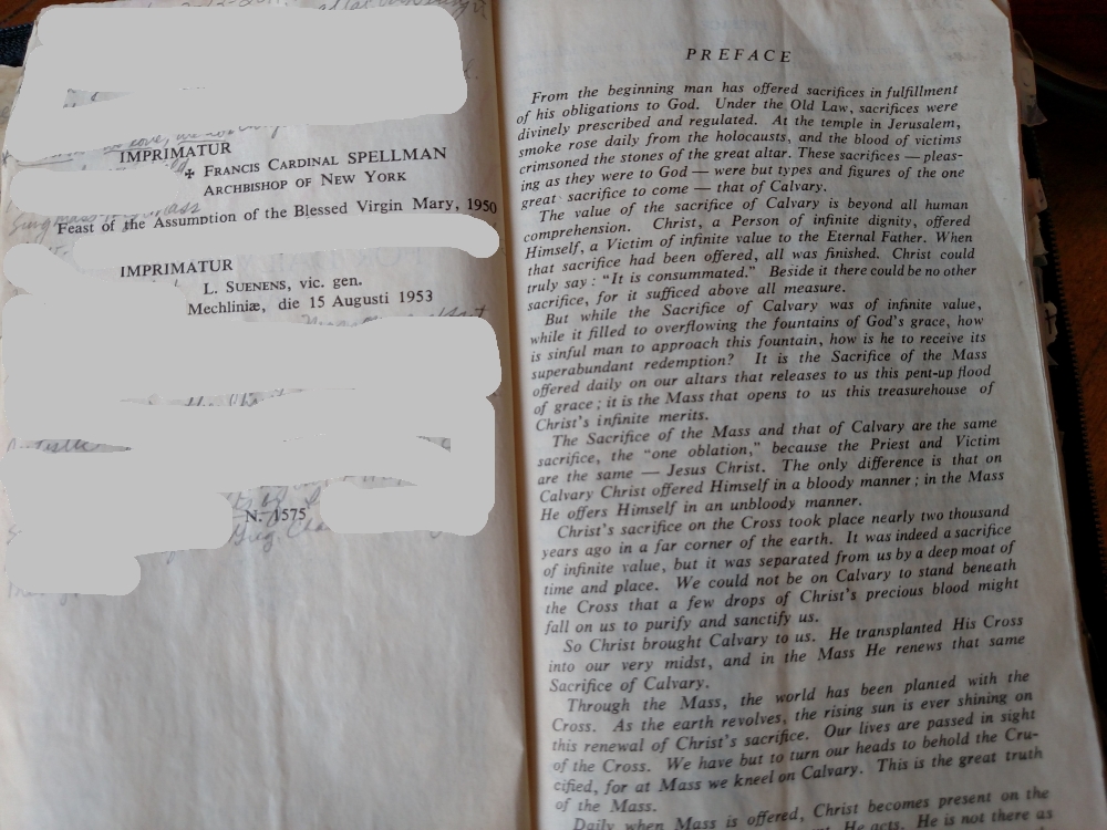 Catholic Missal - 1947 New Marian Missal, Juergens; 1953 Imprimatur page.