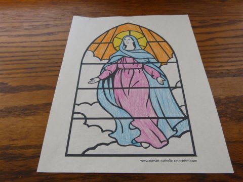 Stained Glass Window Assumption Of Mary Into Heaven Picture For Kids To Color