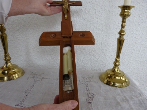 Cross Sick Call Set - The front cross slides off the rest of the cross and the candles and holy water are in the compartment.
