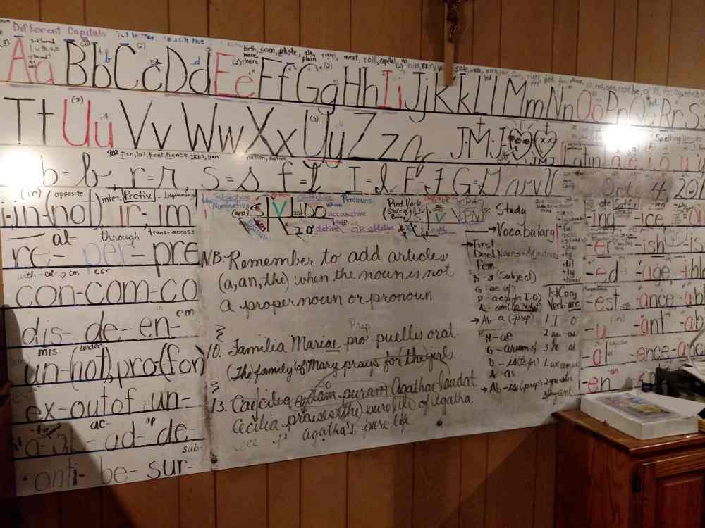 Homeschool Whiteboard with alphabet, affixes, and diagramming.