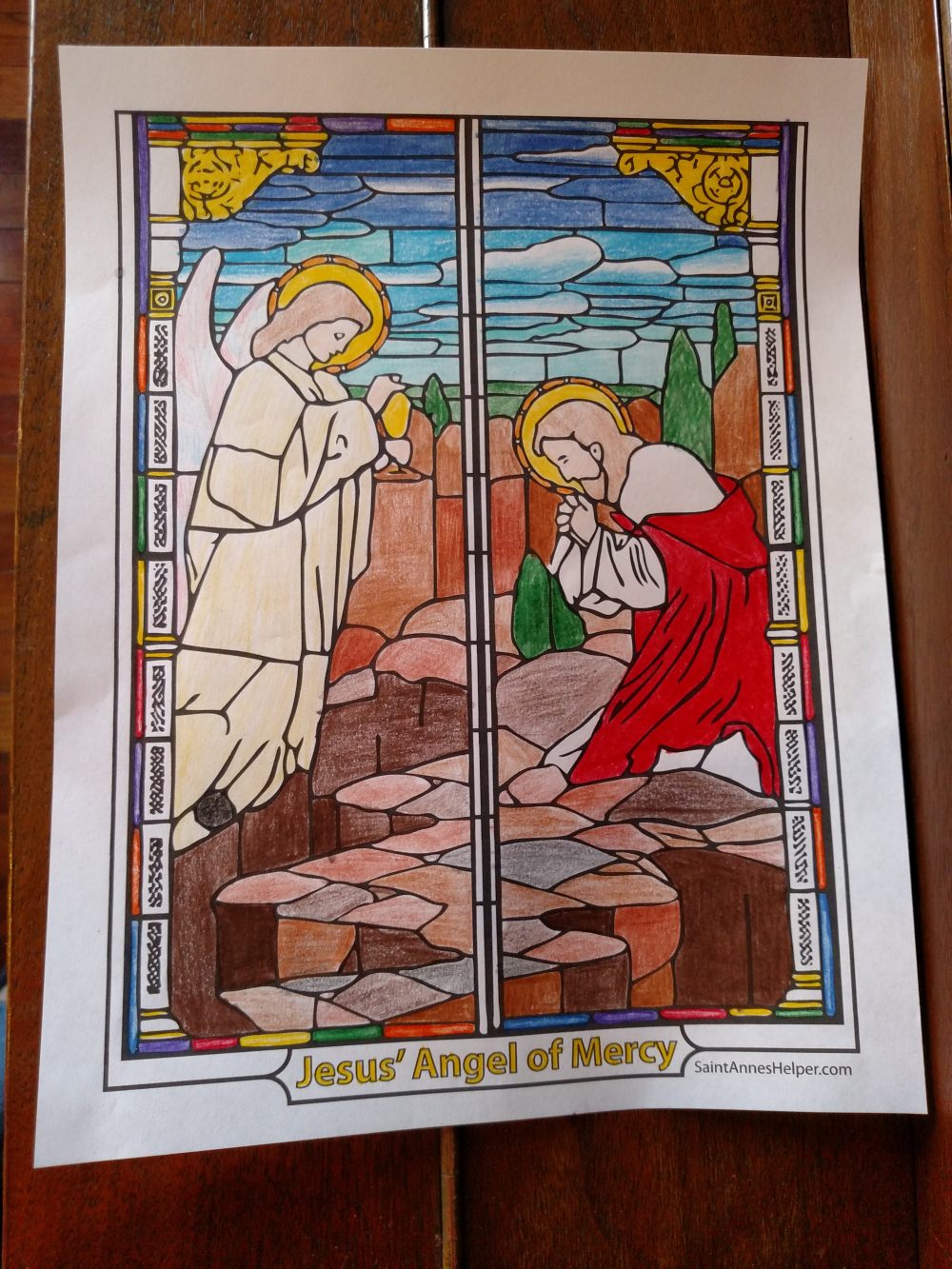 Lent Coloring Page, Rosary coloring page: Jesus' Agony in the Garden of Olives with Angel of Mercy.
