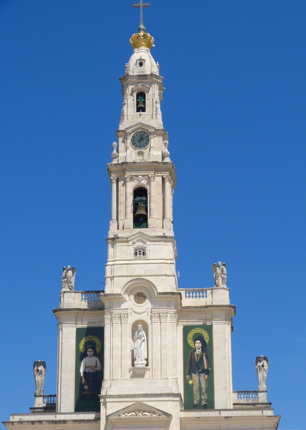 Tower of Our Lady of Fatima Church in Fatima, Portugal on a clear morning. Our Lady of Fatima Church in Fatima, Portugal