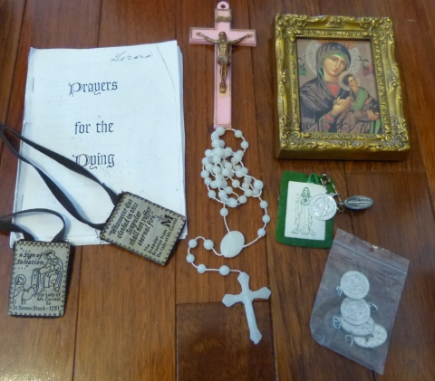 Prayers For The Dying and Emergency Kit with Rosary, Scapulars, Catholic medals, and Crucifix.