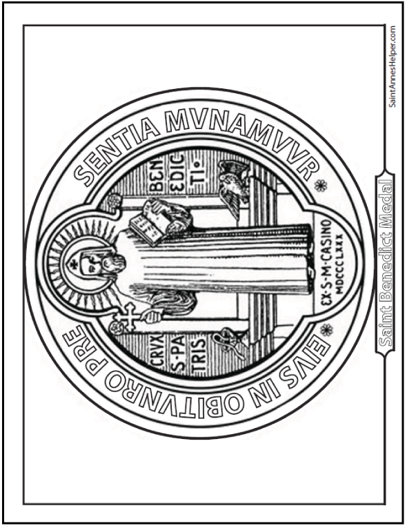Saint Benedict medal coloring page, front with him standing with his Rule and Cross.