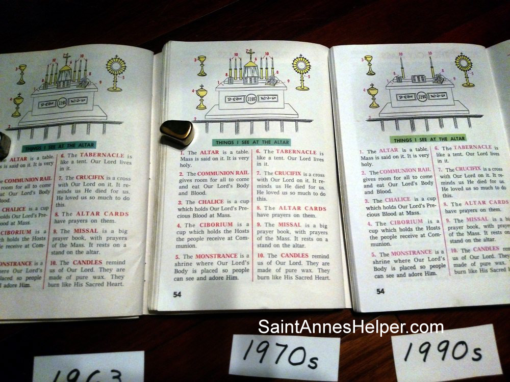 Catholic Catechism Changes: Altar diagram page 54. Crucifix and tabernacle were removed from the picture.
